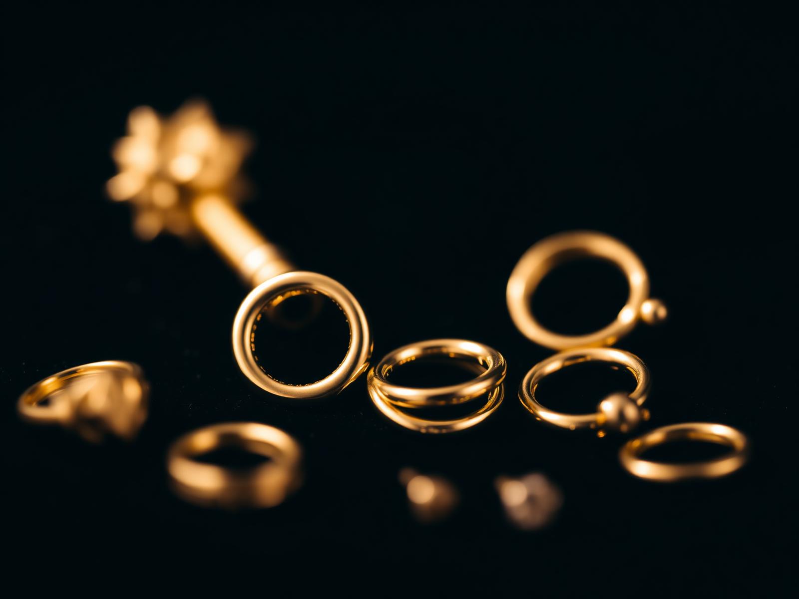 Gold body piercing jewelry on dark velvet